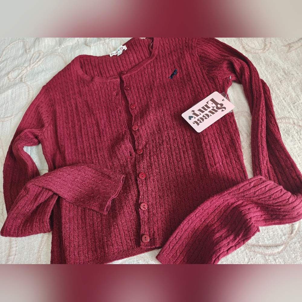 Burgundy Cable-Knit Button Cardigan